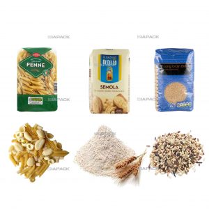 Automatic flat bottom bag forming filling labelling packaging for grains